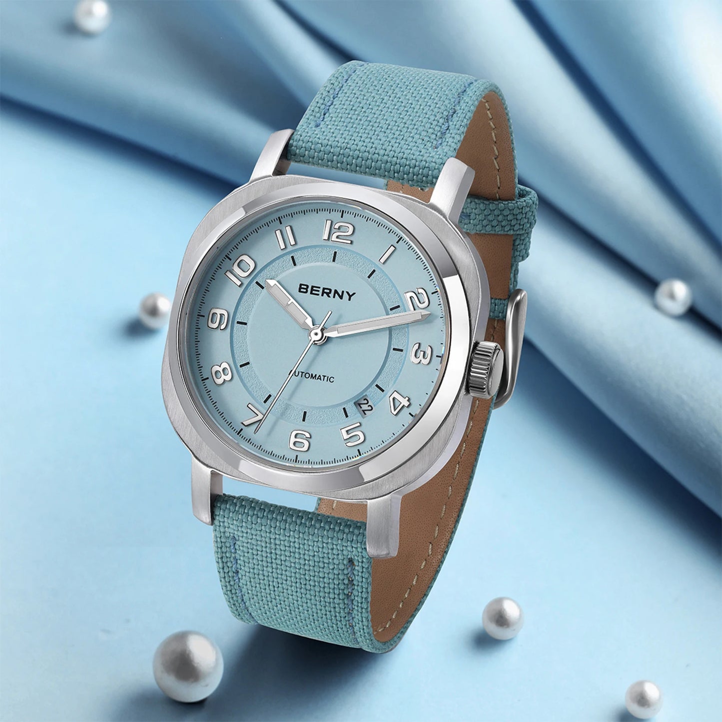 BERNY Relógio Mecânico para Mulheres Auto-vento Travesseiro Almofada Safira Super Luminoso Relógio de Pulso de Lona Calendário para Senhoras
