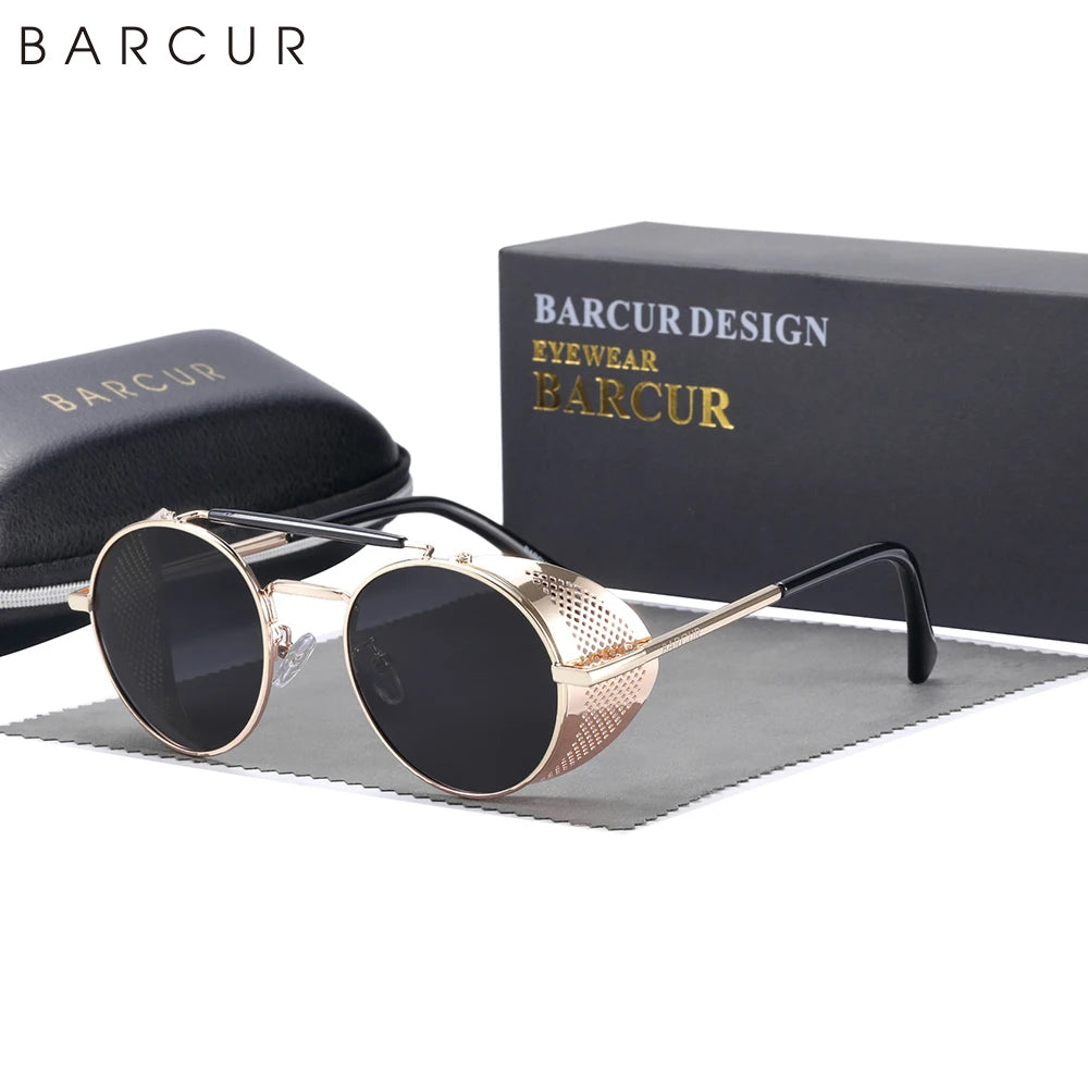 BARCUR Polarized Steampunk Round Sunglasses Men Retro Sun Glasses For Women Vintage Style