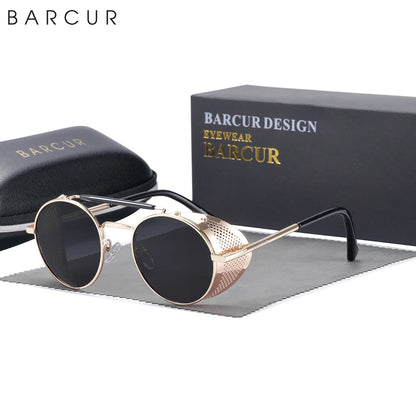 BARCUR Polarized Steampunk Round Sunglasses Men Retro Sun Glasses For Women Vintage Style