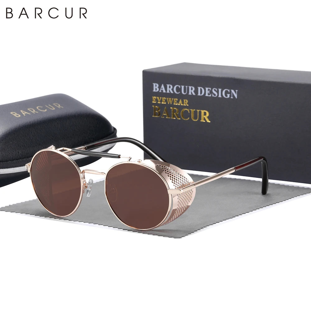 BARCUR Polarized Steampunk Round Sunglasses Men Retro Sun Glasses For Women Vintage Style