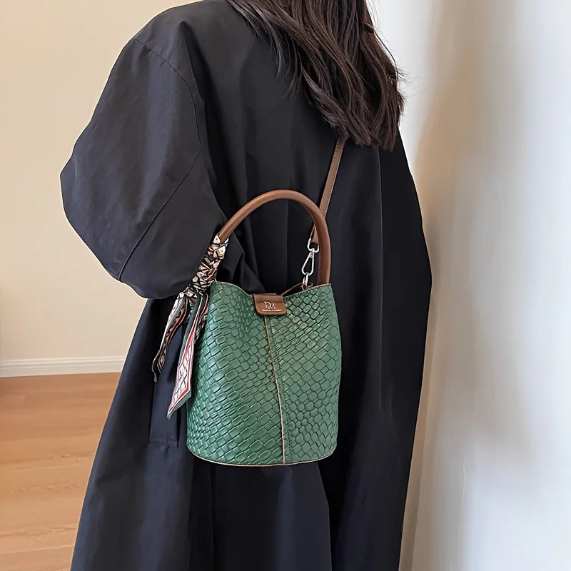 Bolsa balde feminina elegante, bolsa de ombro com efeito tecido de cor sólida elegante e bolsa crossbody, pode ser transportada à mão