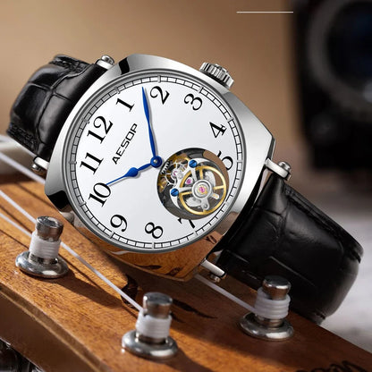 Aesop voando tourbillon esqueleto mecânico movimento relógio para homem safira luxo negócios simplicidade relógios masculino quadrado novo