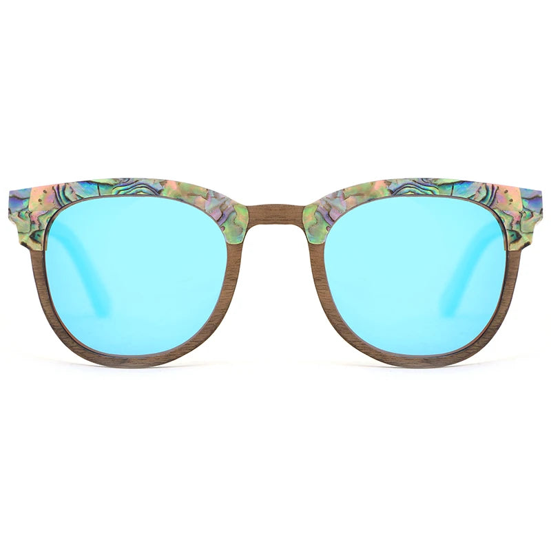 Óculos de sol Abalone Seashell Wood para homens e mulheres, óculos de luxo, lentes polarizadas Ice Blue, moda, amantes, melhor presente