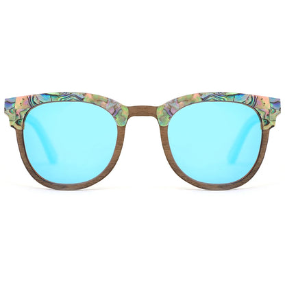 Óculos de sol Abalone Seashell Wood para homens e mulheres, óculos de luxo, lentes polarizadas Ice Blue, moda, amantes, melhor presente
