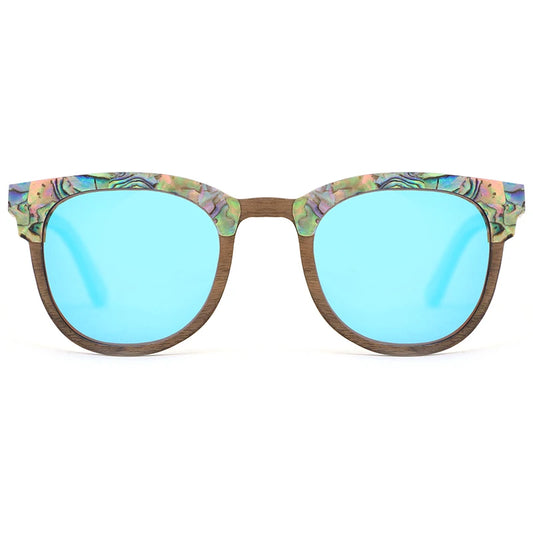 Óculos de sol Abalone Seashell Wood para homens e mulheres, óculos de luxo, lentes polarizadas Ice Blue, moda, amantes, melhor presente