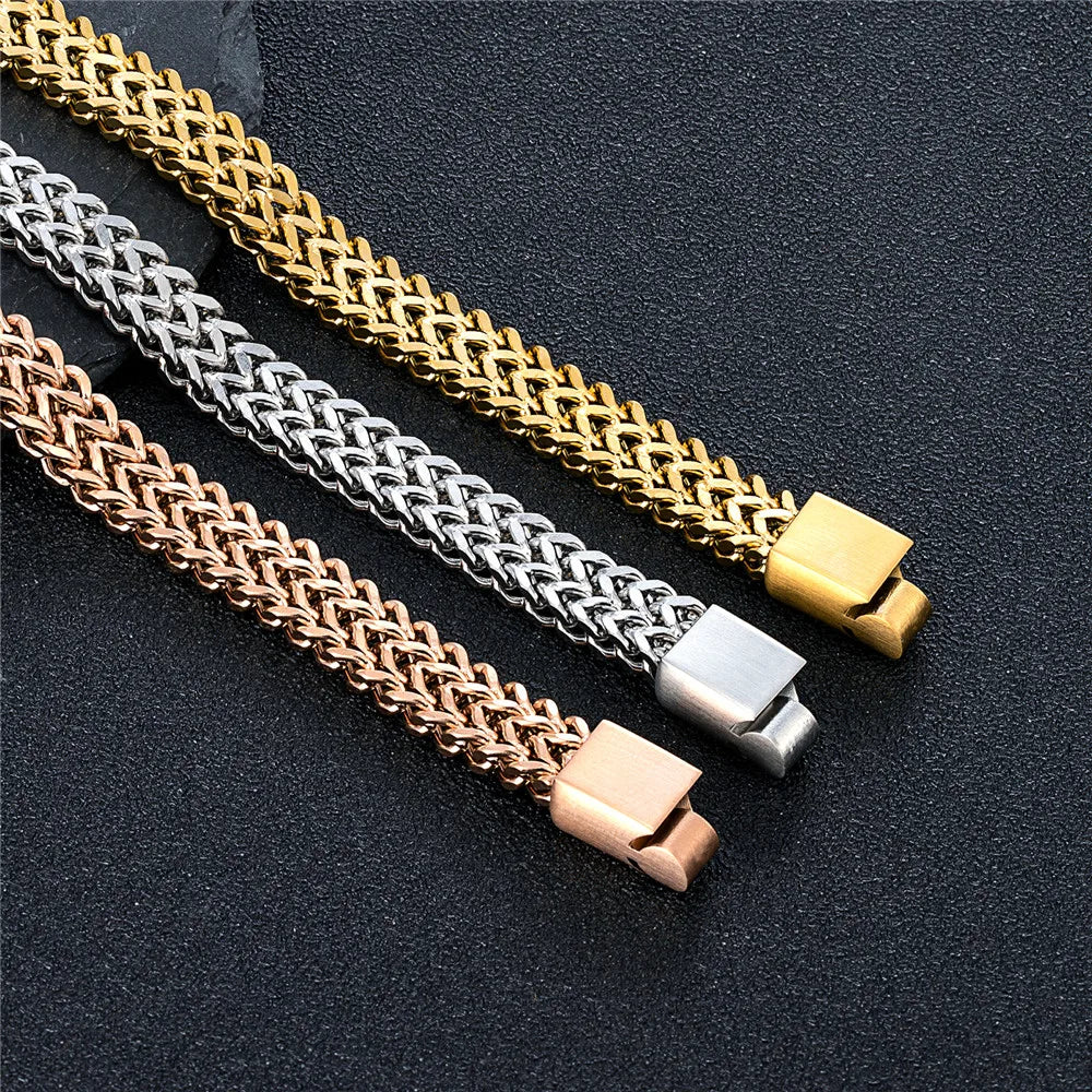 MKENDN 8MM 18K Banhado A Ouro Legal Dupla Corrente Pulseiras para Homens de Aço Inoxidável Punk Quadrado Ímã Fecho Masculino Pulseira