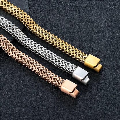 MKENDN 8MM 18K Banhado A Ouro Legal Dupla Corrente Pulseiras para Homens de Aço Inoxidável Punk Quadrado Ímã Fecho Masculino Pulseira