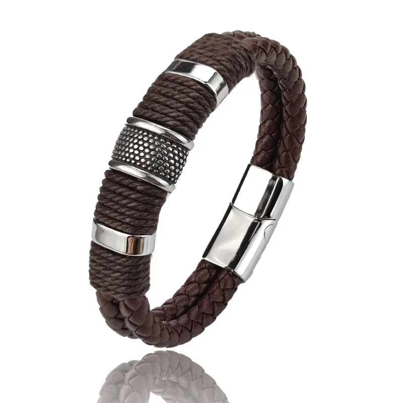 Luxury Vintage Multilayer Brown Leather Stainless Steel  Men Bracelet Bead Bracelet Jewelry Male Wrist Bangle Christmas Gifts