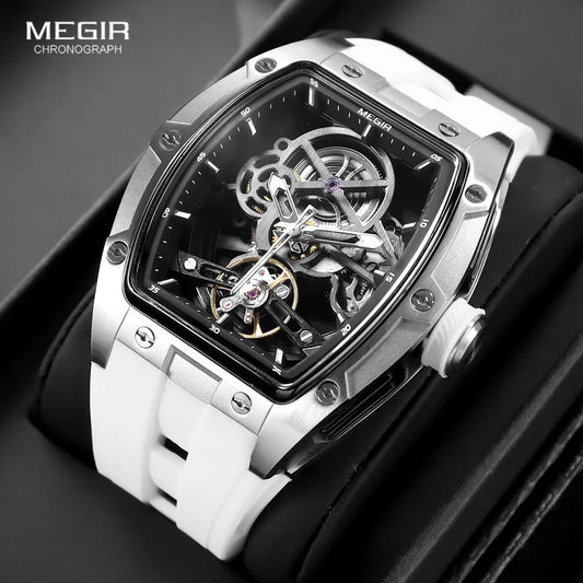 MEGIR Men's Automatic Mechanical Watch with Stainless Steel Case Silicone Band Skeleton Dial Waterproof Sport Wristwatch