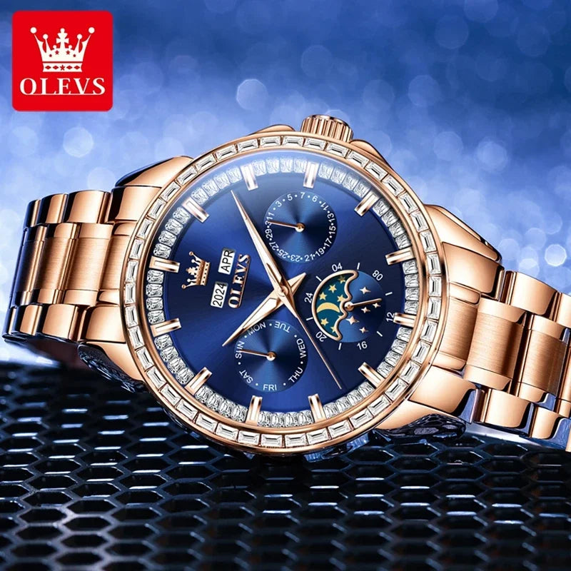 Olevs 6695 novos relógios masculinos mostrador multifuncional completo pulseira de couro azul calendário semana fase da lua relógio de pulso à prova d'água