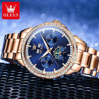 Olevs 6695 novos relógios masculinos mostrador multifuncional completo pulseira de couro azul calendário semana fase da lua relógio de pulso à prova d'água