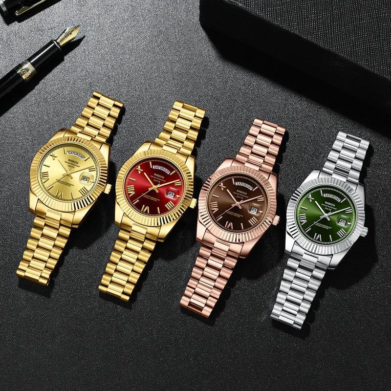 Nibosi marca de luxo ouro vermelho relógio quartzo para homens aço inoxidável à prova dwaterproof água luminosa data semana moda relógios masculinos reloj hombre