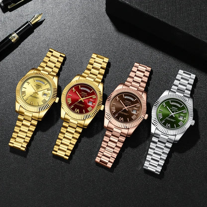 Nibosi marca de luxo ouro vermelho relógio quartzo para homens aço inoxidável à prova dwaterproof água luminosa data semana moda relógios masculinos reloj hombre
