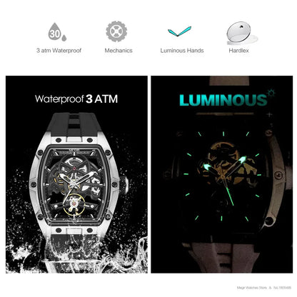 MEGIR Men's Automatic Mechanical Watch with Stainless Steel Case Silicone Band Skeleton Dial Waterproof Sport Wristwatch
