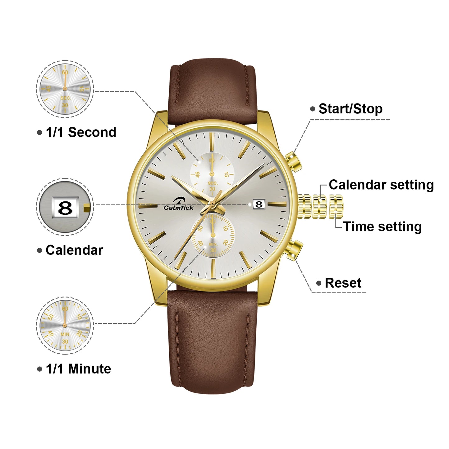 Calmtick Fashion Business Pointer Quartz Watch with Stopwatch Luminous Waterproof Leather Strap