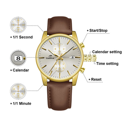 Calmtick Fashion Business Pointer Quartz Watch with Stopwatch Luminous Waterproof Leather Strap