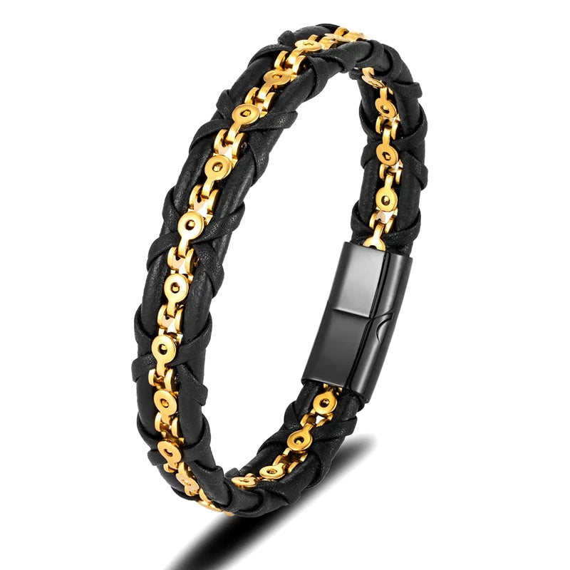 MKENDN Locomotiva Homens Punk Rock Bicicleta Corrente Titânio Aço Inoxidável Ímã Fivela Pulseira Trança de Couro Artesanal Pulseras