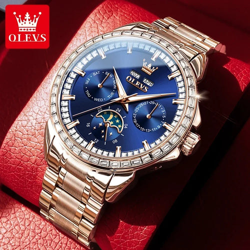 Olevs 6695 novos relógios masculinos mostrador multifuncional completo pulseira de couro azul calendário semana fase da lua relógio de pulso à prova d'água