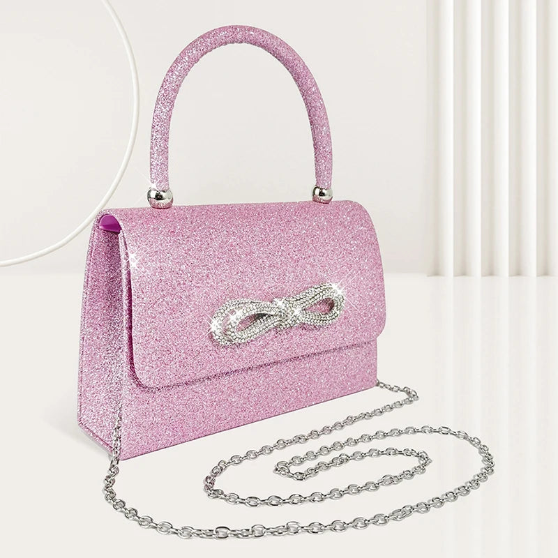 Elegante bolsa de embreagem de lantejoulas para mulheres, couro PU, bolsa de noite, diamante padrão Bownot, bolsa de casamento, alça superior, moda, senhora