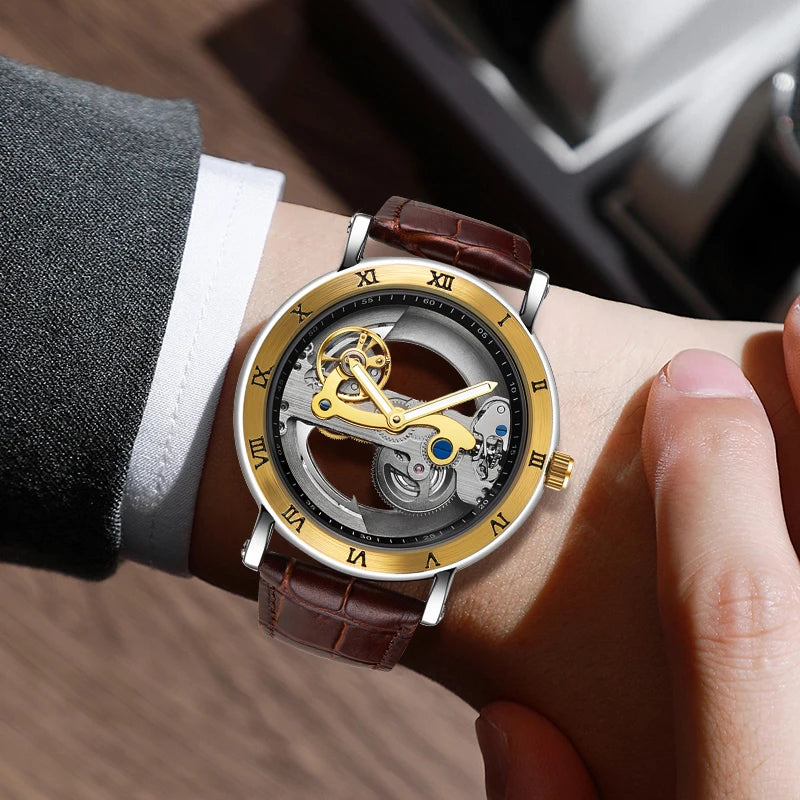 Relógios de pulso mecânicos para homem relógios ponte dourada esqueleto automático relógio mecânico masculino reloj hombre montre homme