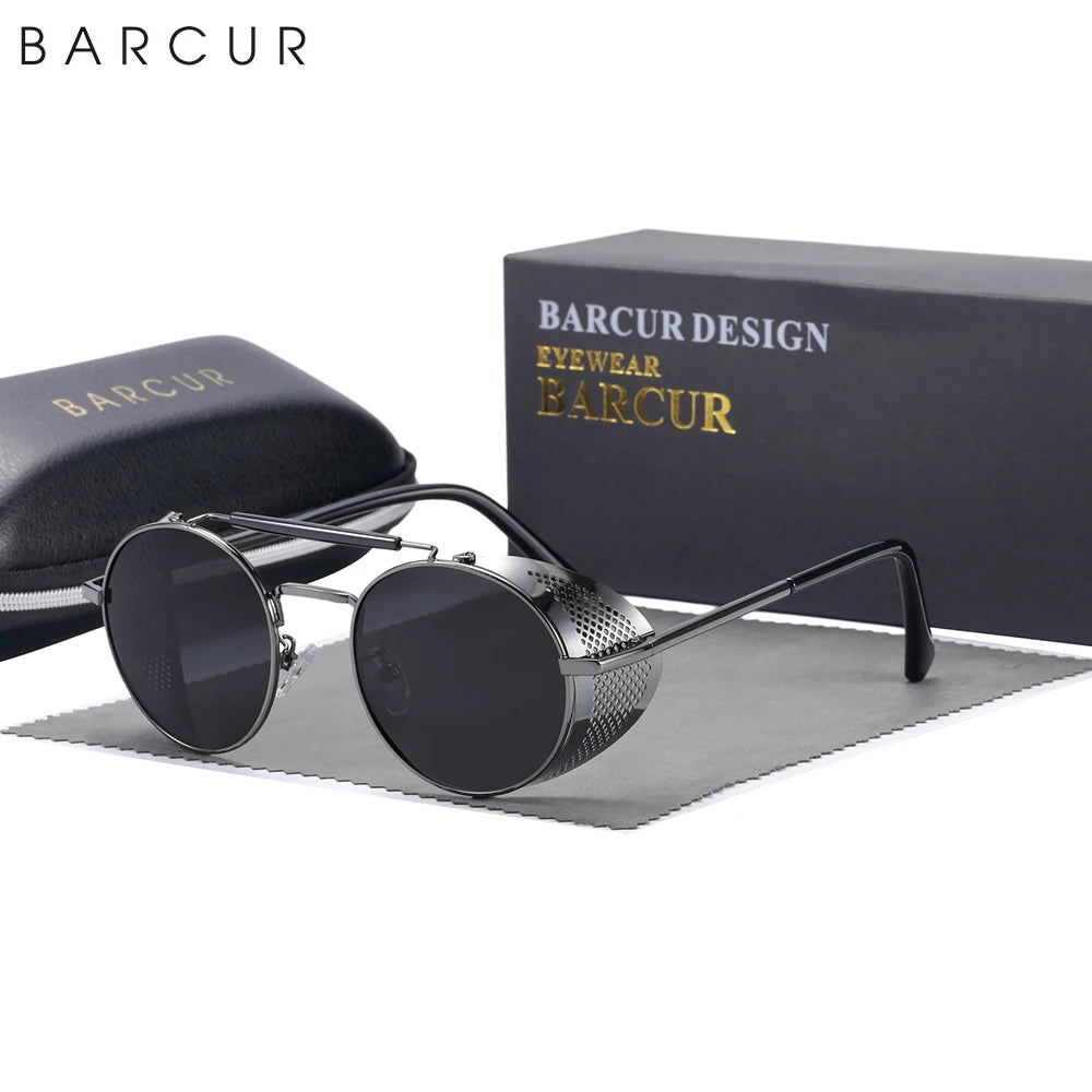 BARCUR Polarized Steampunk Round Sunglasses Men Retro Sun Glasses For Women Vintage Style