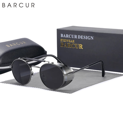 BARCUR Polarized Steampunk Round Sunglasses Men Retro Sun Glasses For Women Vintage Style