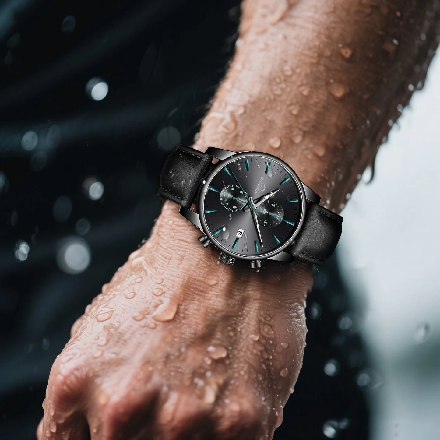 Calmtick Fashion Business Pointer Quartz Watch with Stopwatch Luminous Waterproof Leather Strap