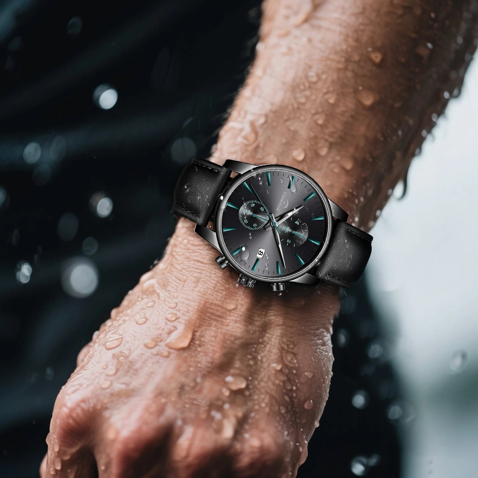 Calmtick Fashion Business Pointer Quartz Watch with Stopwatch Luminous Waterproof Leather Strap