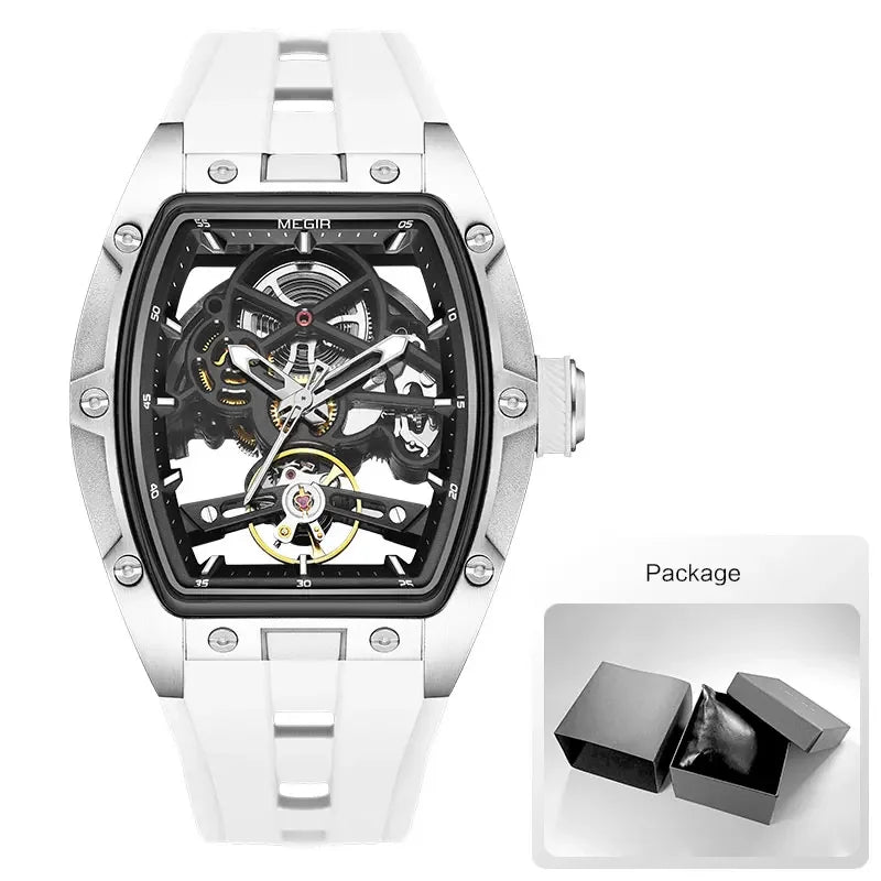 MEGIR Men's Automatic Mechanical Watch with Stainless Steel Case Silicone Band Skeleton Dial Waterproof Sport Wristwatch