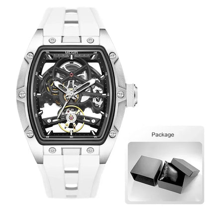 MEGIR Men's Automatic Mechanical Watch with Stainless Steel Case Silicone Band Skeleton Dial Waterproof Sport Wristwatch