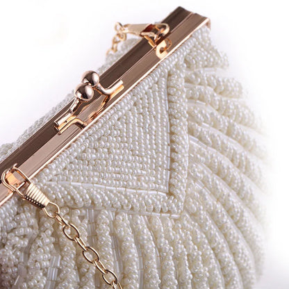 Elegante Pérola Beading Bolsa e Bolsa para Mulheres, Branco Shell Pochette, Senhora Bordada, Banquete de Casamento, Bolsa Noite