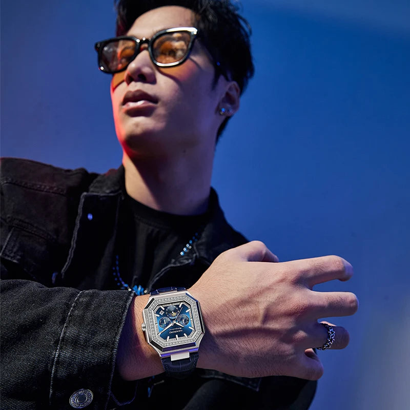 HANBORO Relógio Mecânico Totalmente Automático Masculino Quadrado Multifuncional Relógio de Tendência da Moda