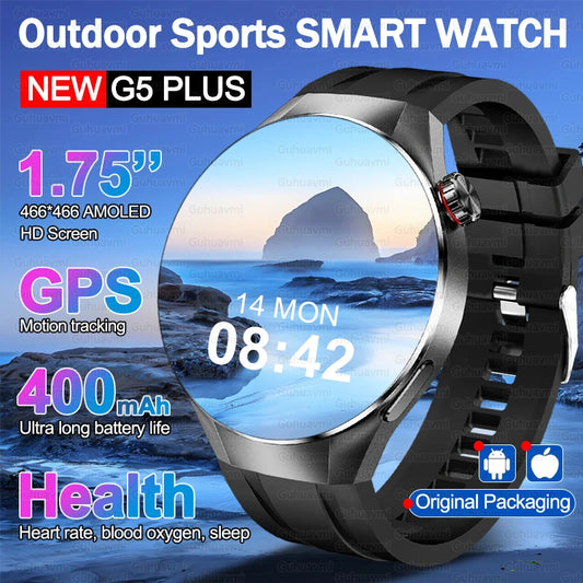 2025 novo relógio g5 plus relógio inteligente masculino 1.75 "tela amoled gps pista bússola freqüência cardíaca bluetooth chamada smartwatch para android ios