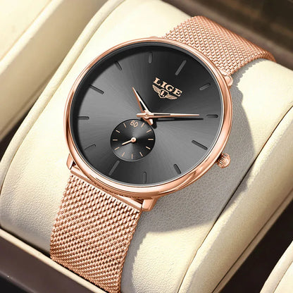 LIGE Ultra Slim Mesh Quartz Watch for Women - Elegant & Waterproof