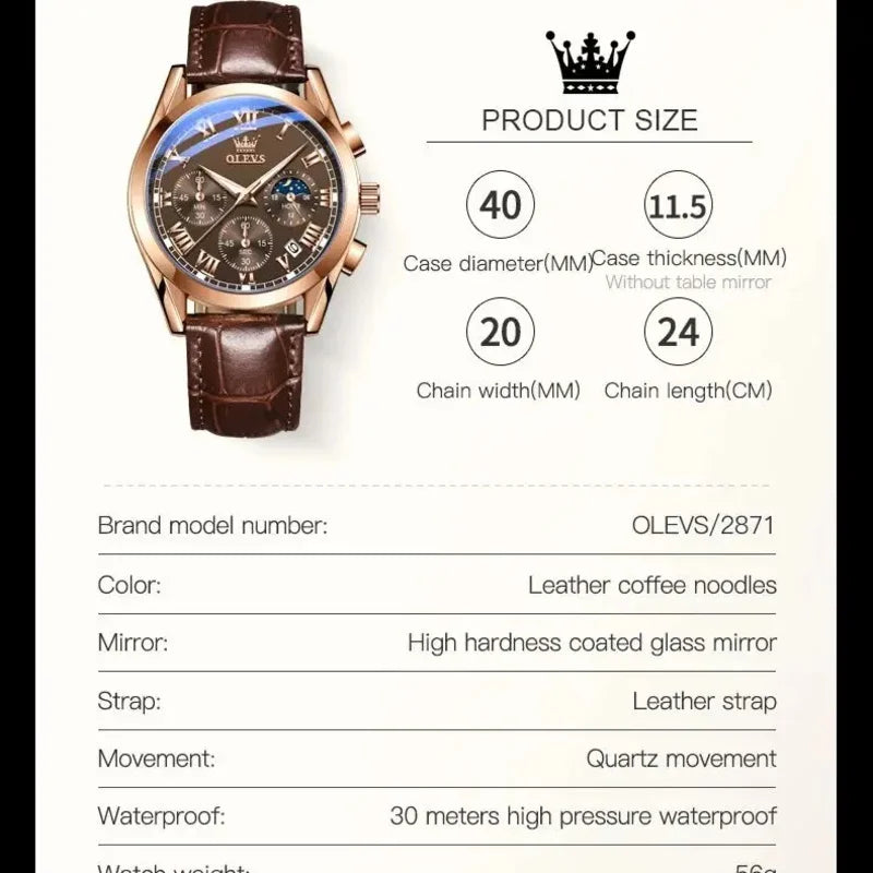 OLEVS 2871 Man Watch Chronograph Waterproof Moon Phase Multifunction Men's Wristwatch Luxury Quartz Watch Men