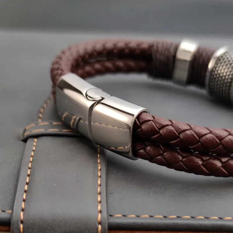 Luxury Vintage Multilayer Brown Leather Stainless Steel  Men Bracelet Bead Bracelet Jewelry Male Wrist Bangle Christmas Gifts
