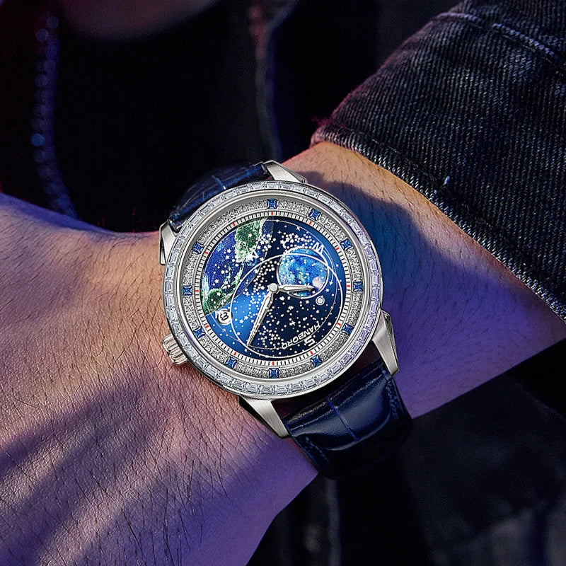 Hanboro série de exploração lunar relógio mecânico totalmente automático masculino moda estrelada luz noturna relógio à prova d'água