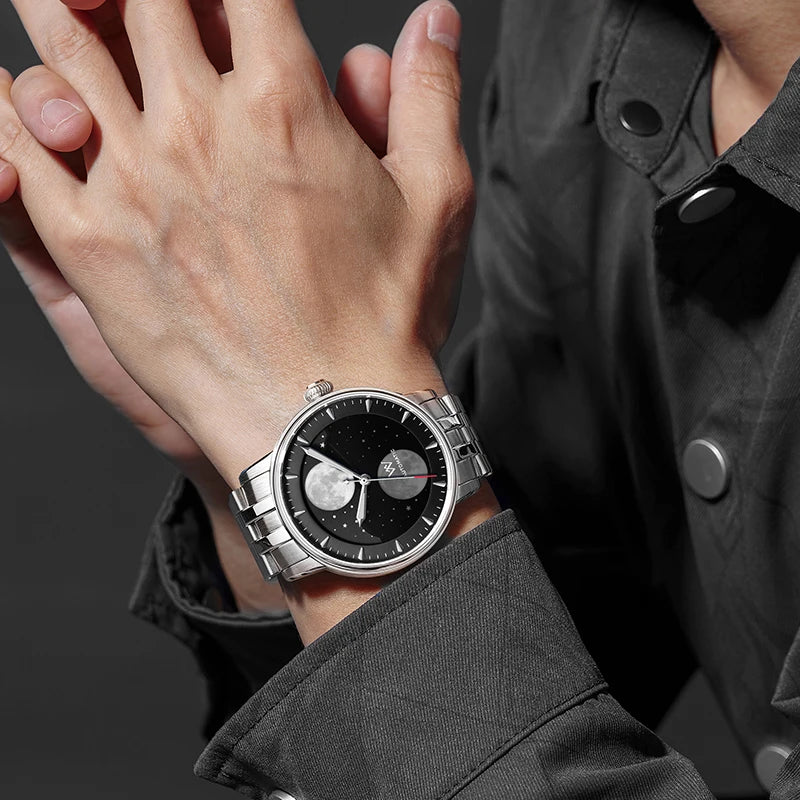 Wm relógio mecânico automático masculino fase da lua lunar safira à prova dwaterproof água homem luminoso twin luas welly merck relógio wm142