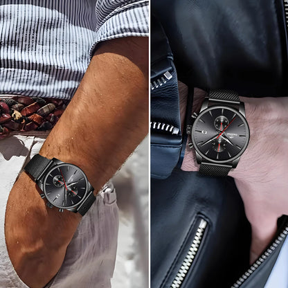 CalmTick Fashion Business Pointer Quartz Watch with Stopwatch Luminous Waterproof Metal Strap